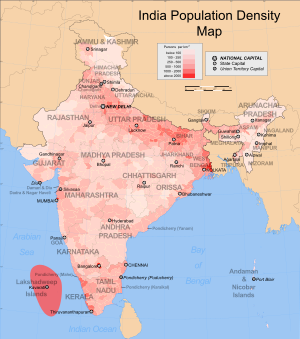 Map showing the population density of each district in India